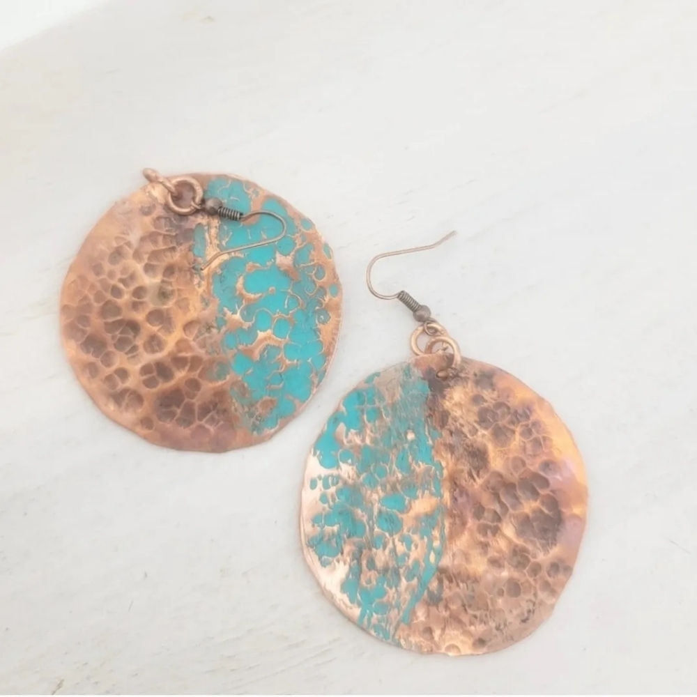 COPPER EARRINGS HANDMADE WITH BLUE & BROWN PATINA 2" APPROX - Picture 7 of 7